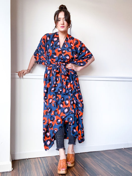 Print High Low Kimono Navy Leopard