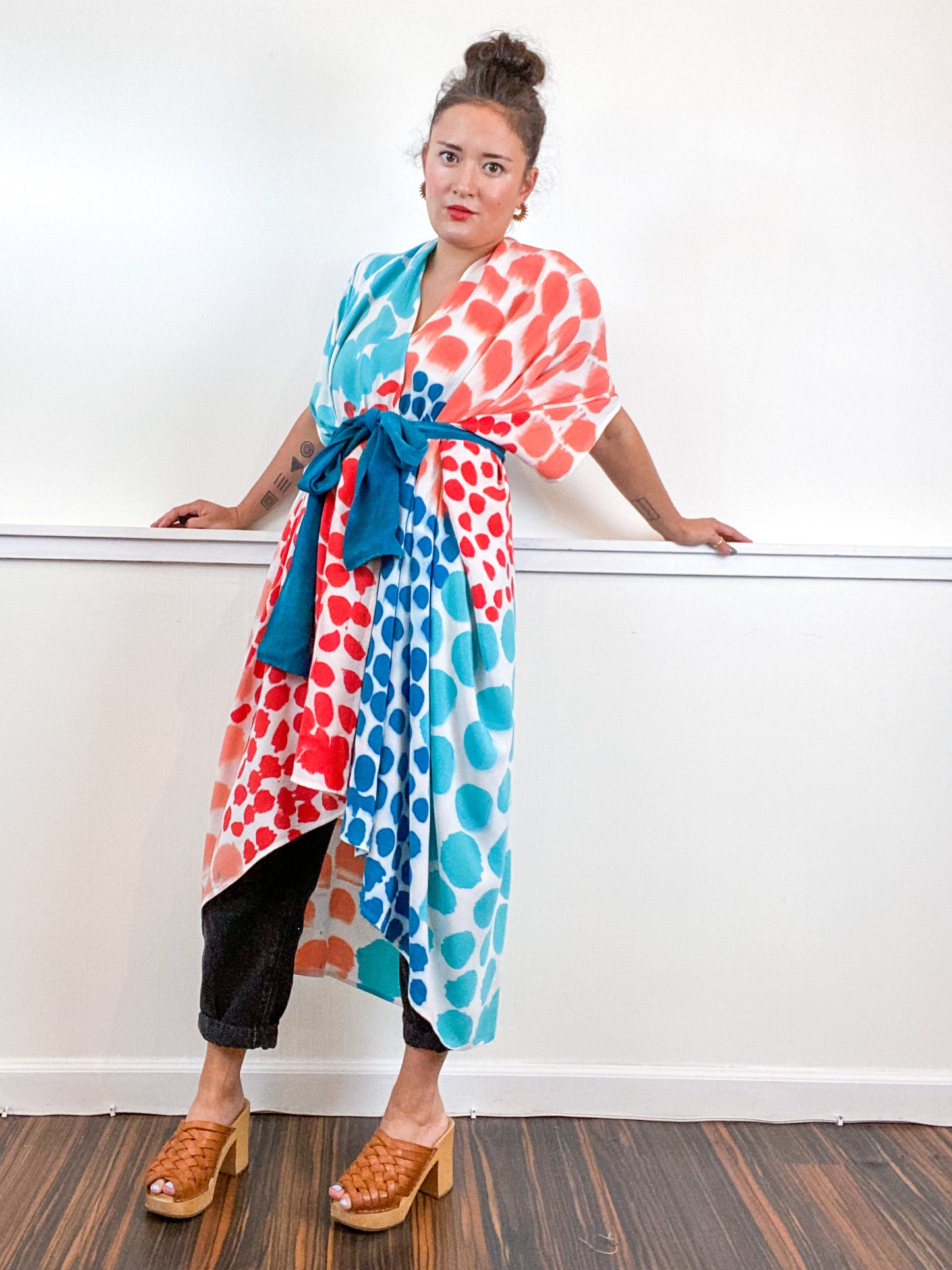 OOAK Hand-Dyed High Low Kimono Coral Parakeet Scarlet Kingfisher Dots