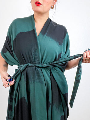 Hand-Dyed High Low Kimono Emerald Black Rectangles