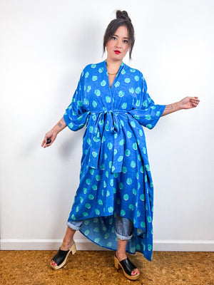 Print High Low Kimono Turquoise Blue Dots Challis