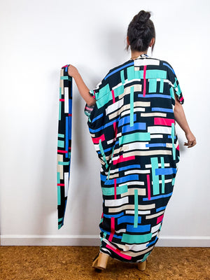 Print High Low Kimono Multicolor Rectangles Challis