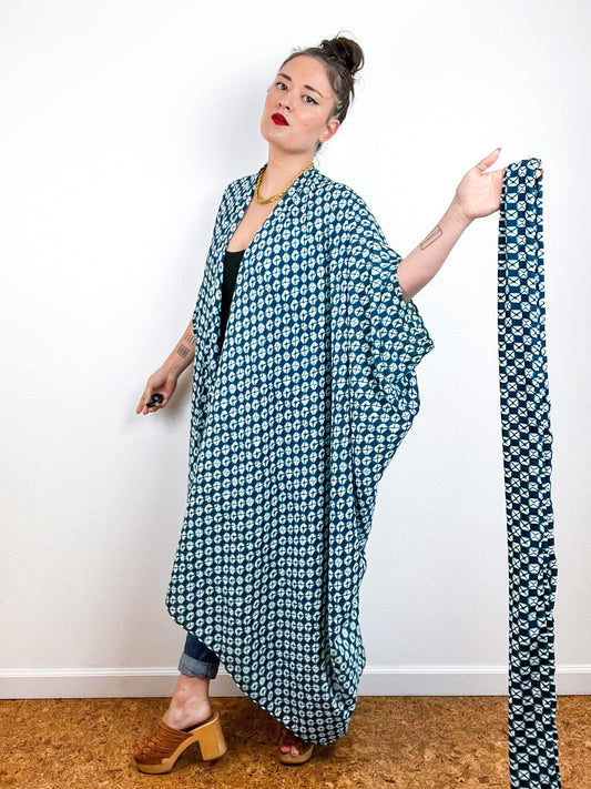 Print High Low Kimono Teal Navy Faux Shibori Crepe