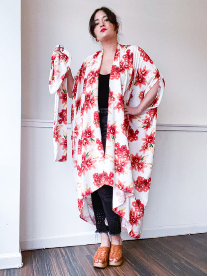 Print High Low Kimono Coral Lily Floral