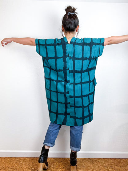 Hand-Dyed Mini Smock Dress Teal Black Windowpane