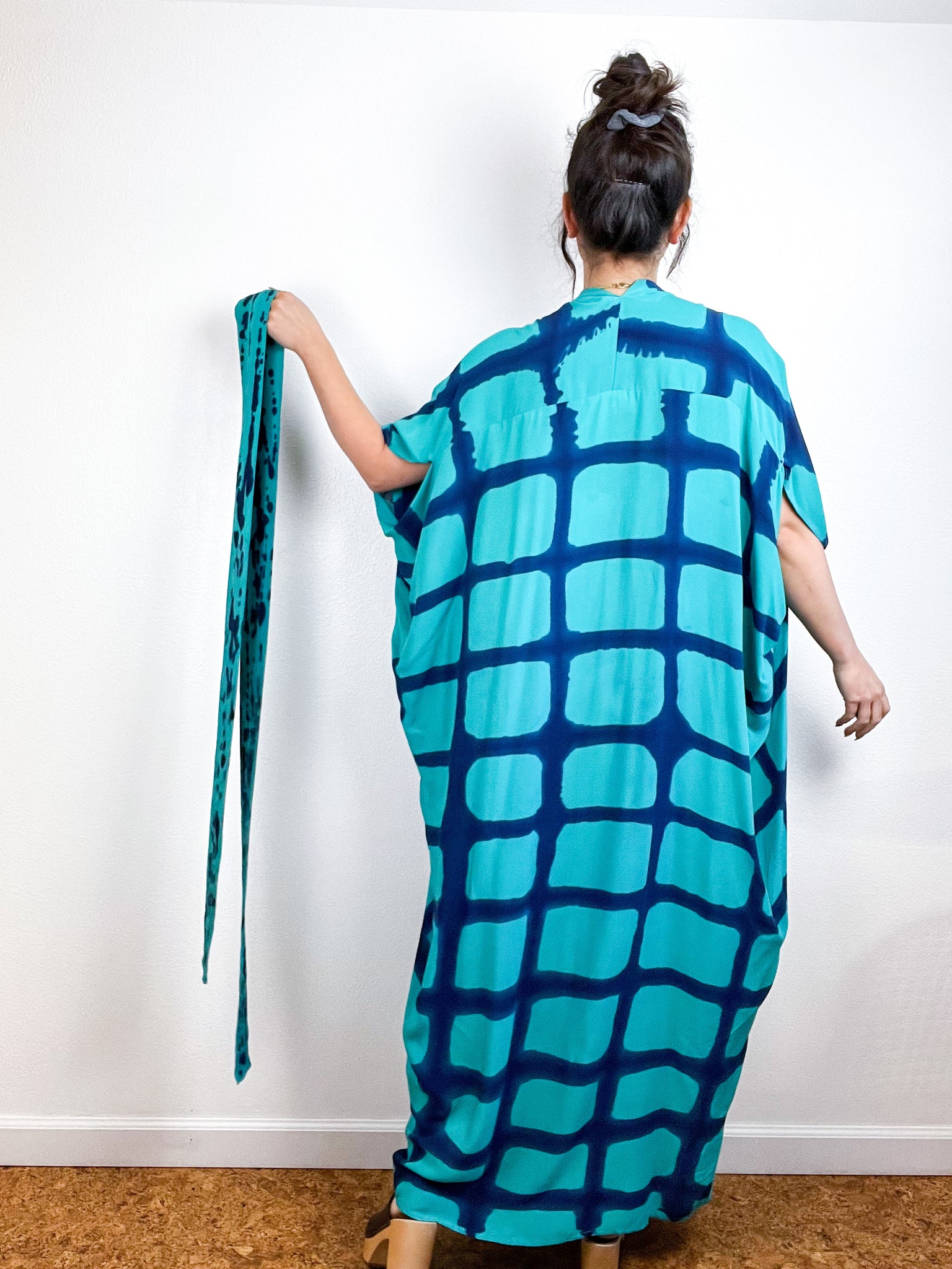 Hand-Dyed High Low Kimono Teal Royal Windowpane