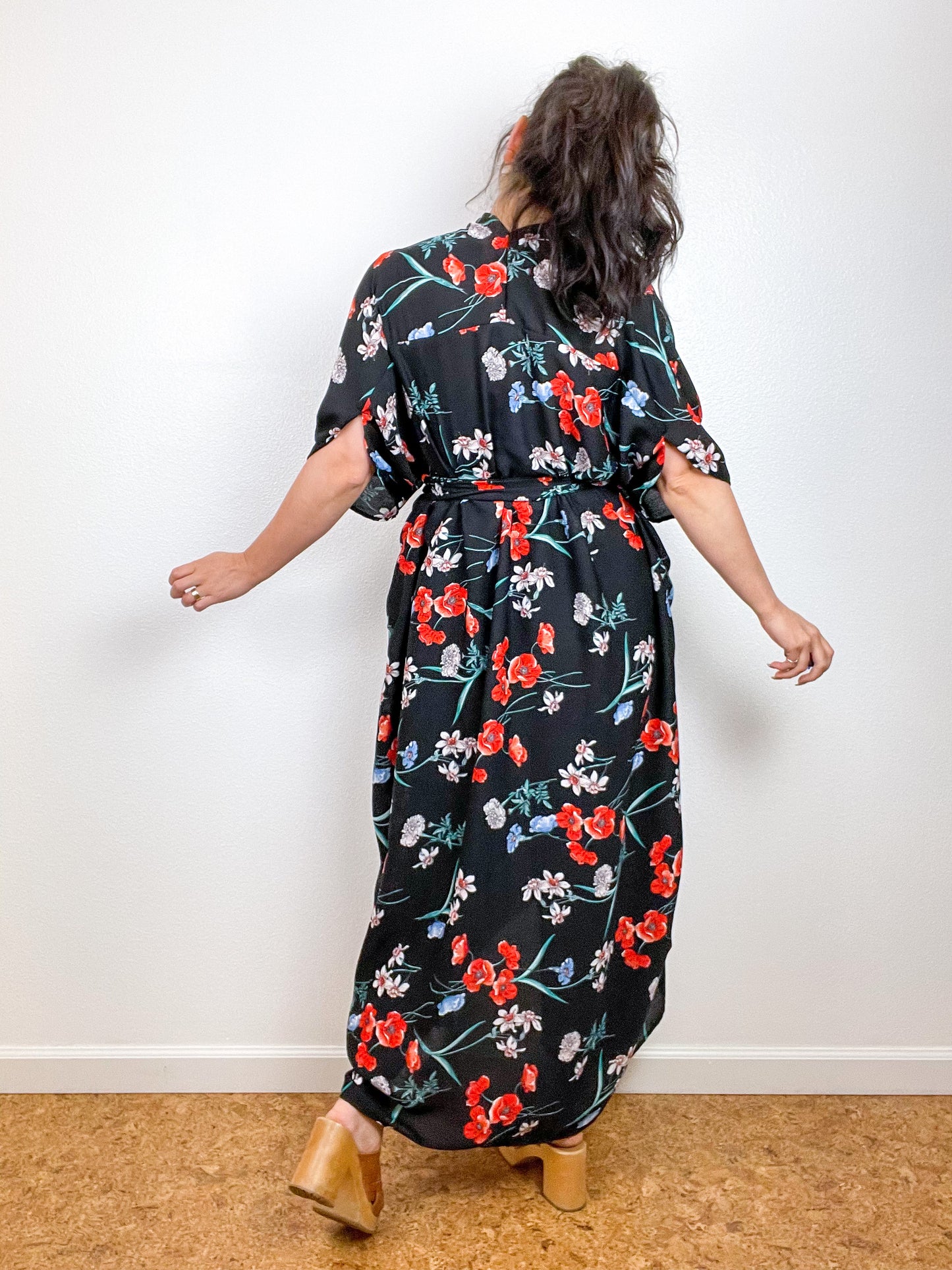 Print High Low Kimono Black Red Floral Crinkle Gauze