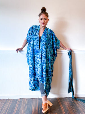 Hand-Dyed High Low Kimono Speckle Bright Blues