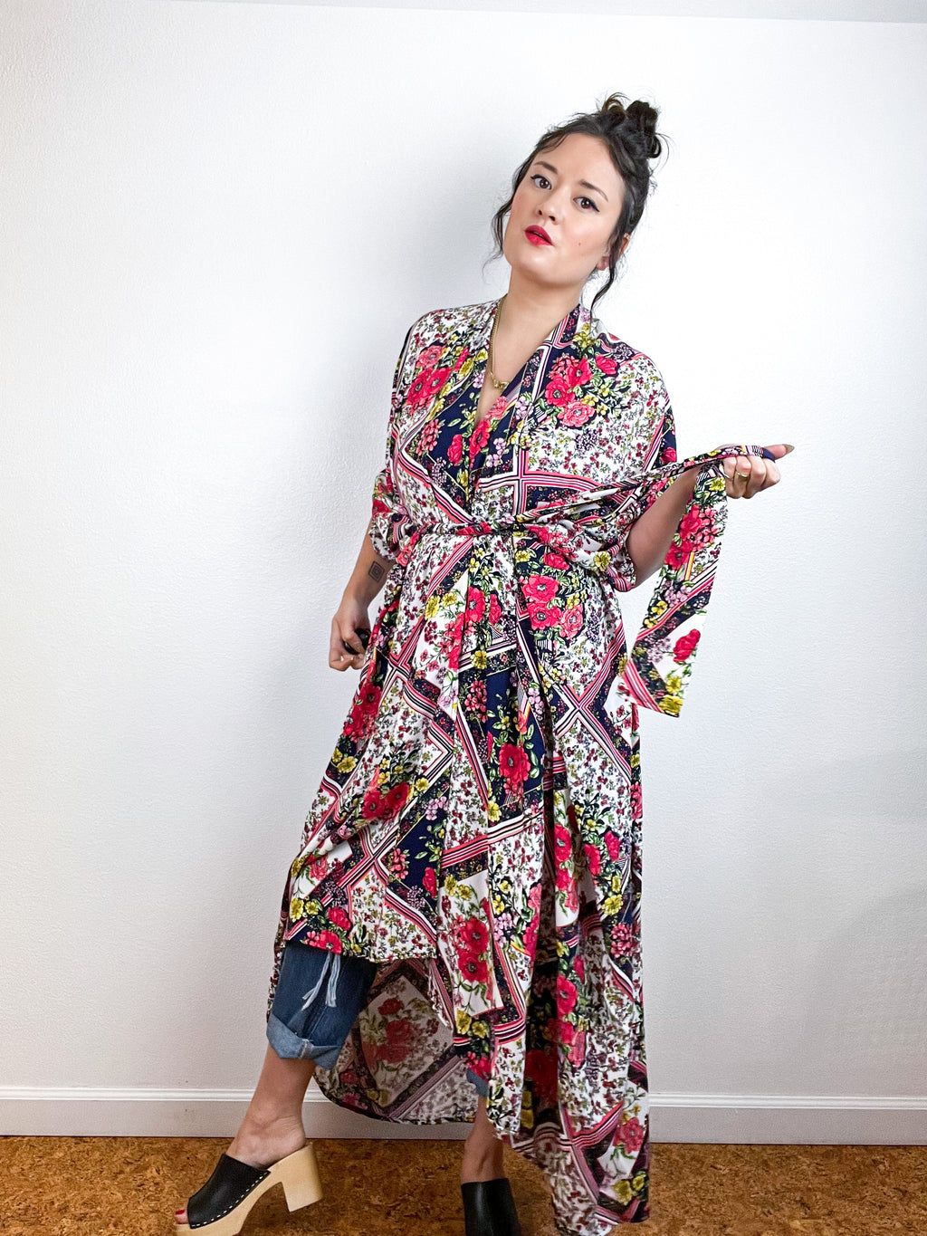 Print High Low Kimono Navy Patchwork Floral Challis