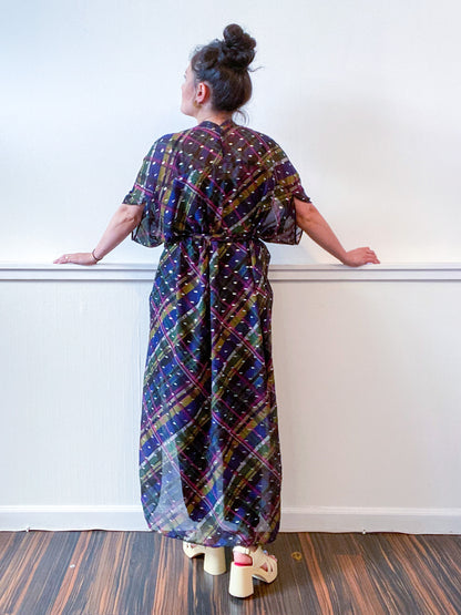 Print High Low Kimono Black Silver Plaid Chiffon