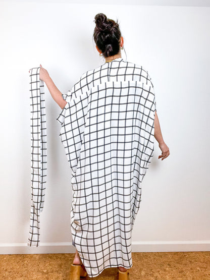 High Low Kimono White Black Windowpane Rayon Challis