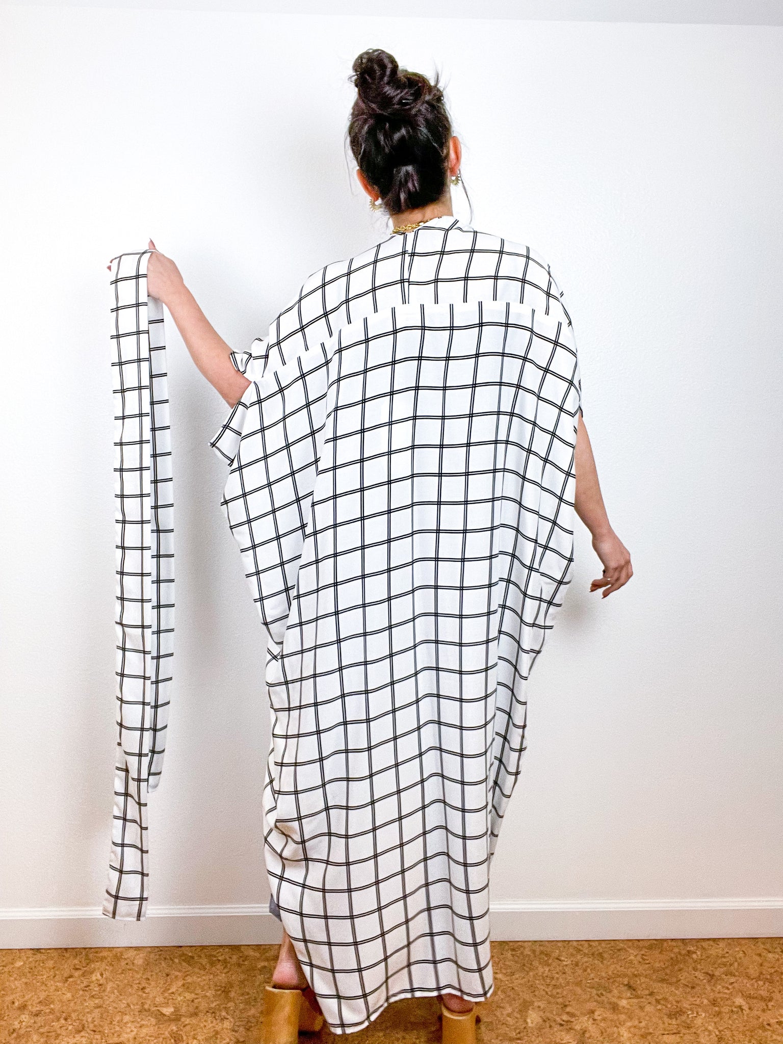 High Low Kimono White Black Windowpane Rayon Challis