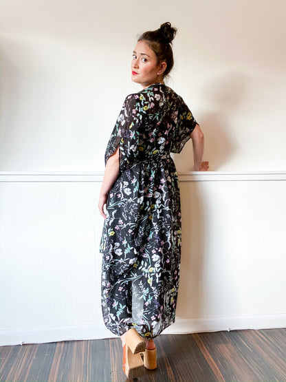 Print High Low Kimono Black Wildflower Chiffon