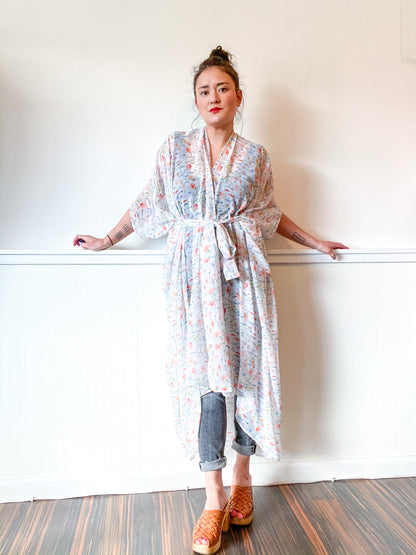 Print High Low Kimono White Floral Chiffon
