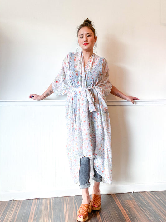 Print High Low Kimono White Floral Chiffon