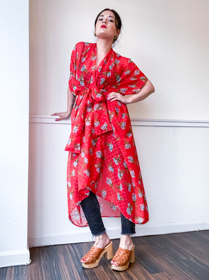 Print High Low Kimono Red Floral Chiffon