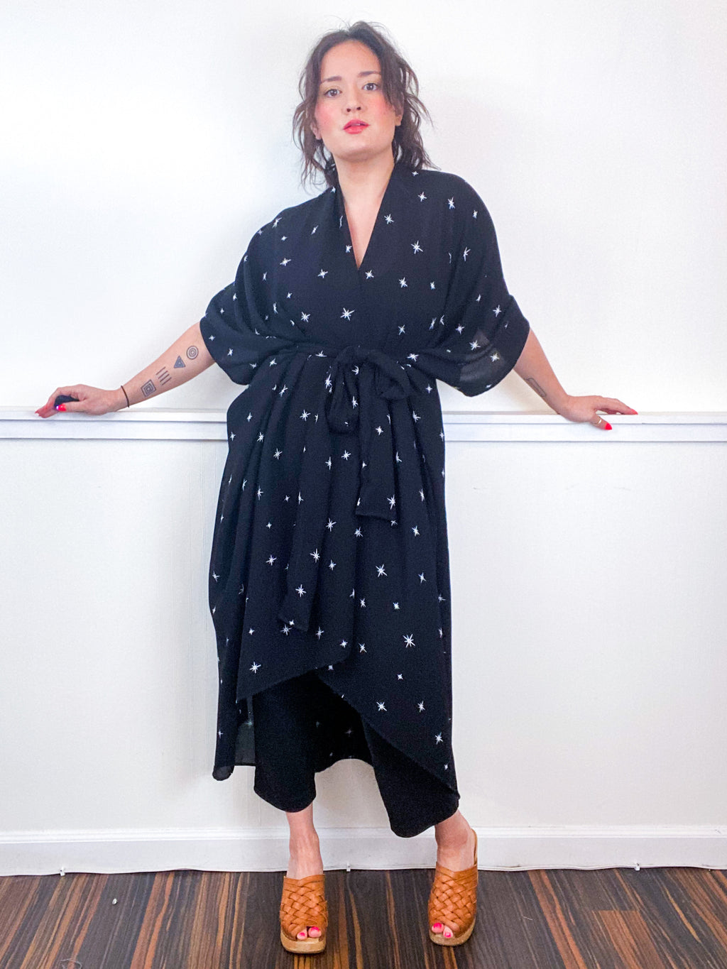 Print High Low Kimono Black Starlight Georgette