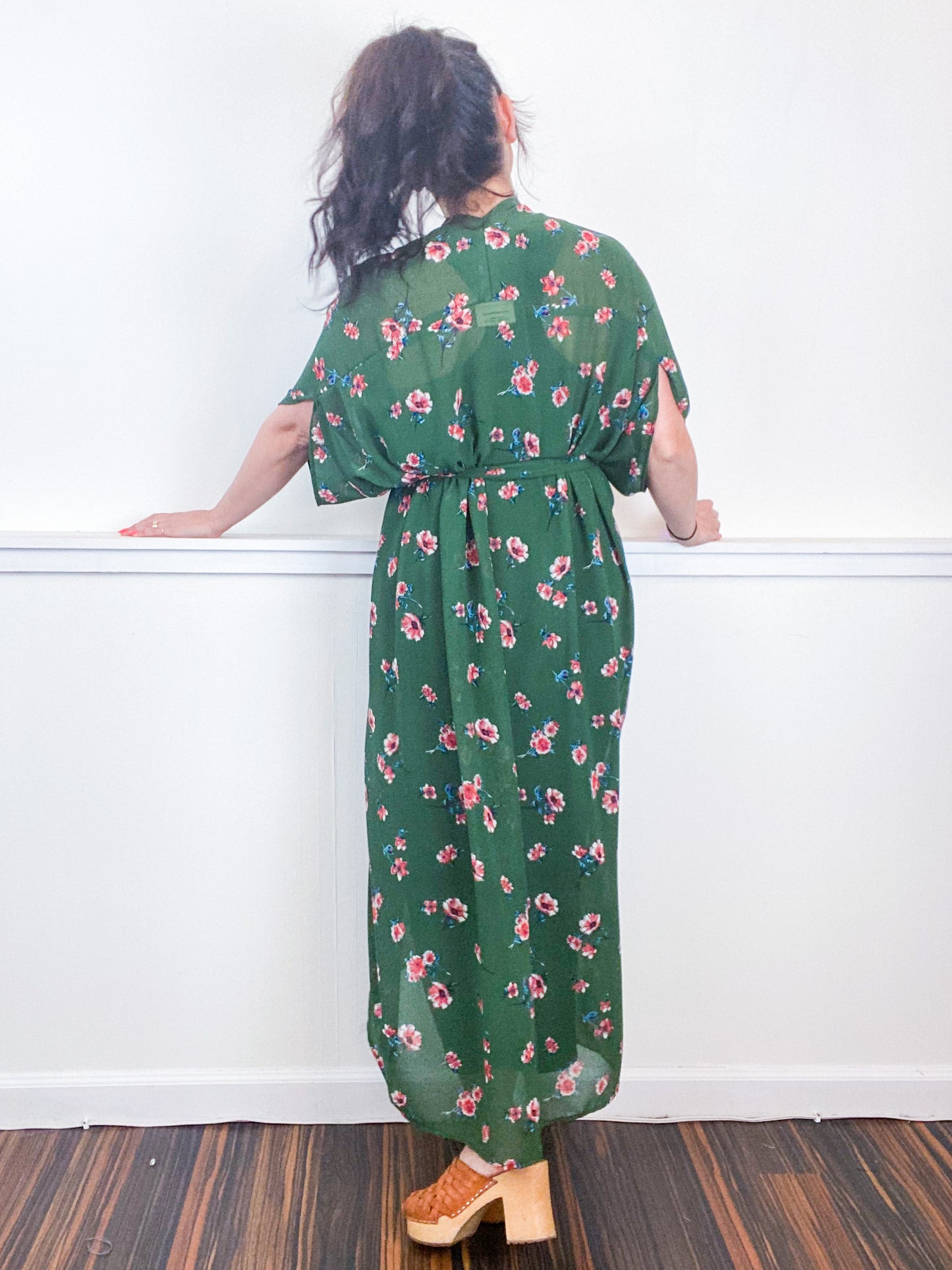 Print High Low Kimono Green Floral Georgette