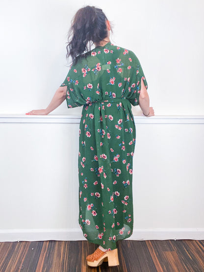 Print High Low Kimono Green Floral Georgette