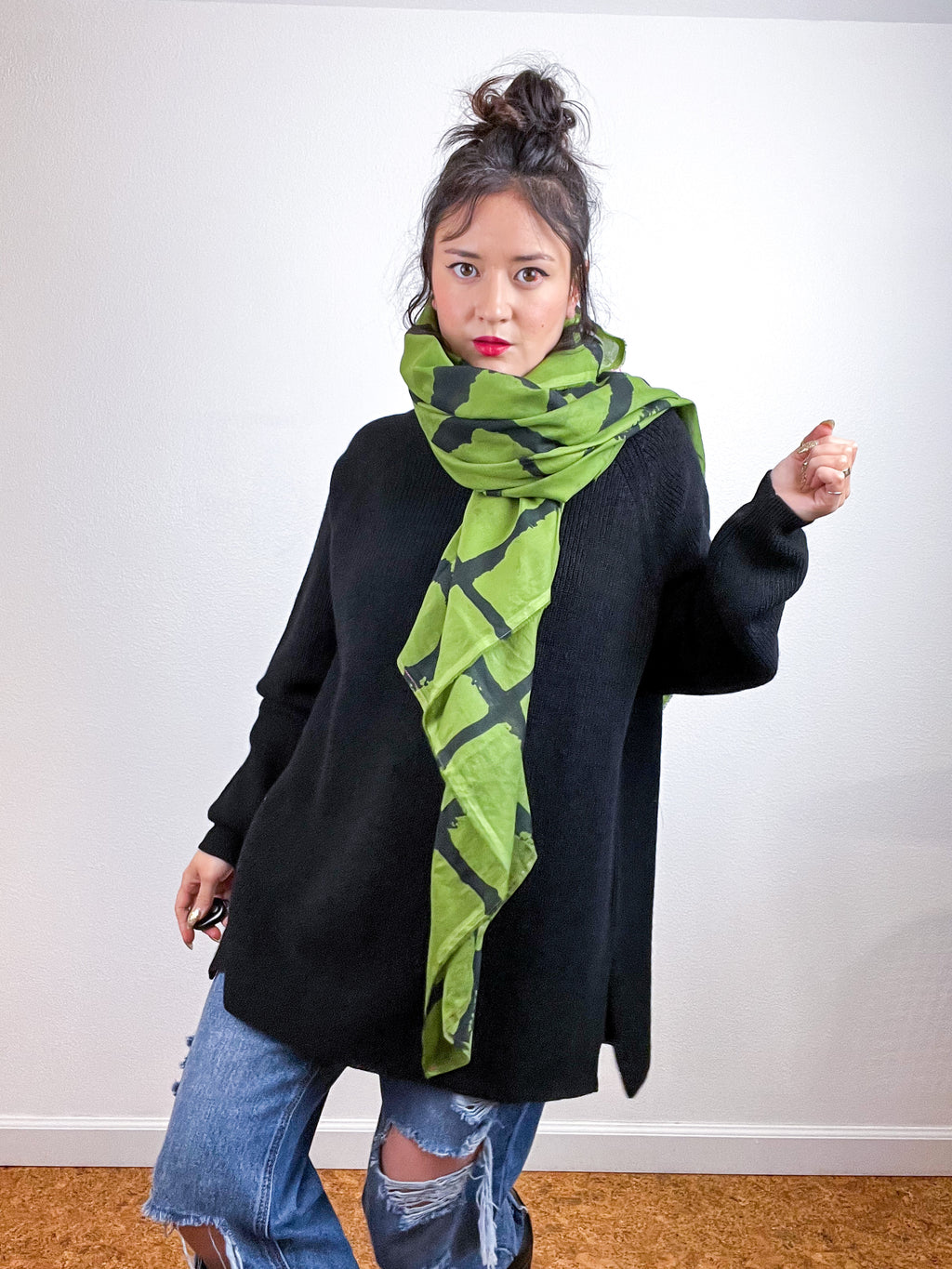 Hand-Dyed Cotton Voile Scarf Green Black Windowpane