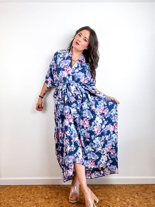 Print High Low Kimono Navy Watercolor Floral Charmeuse