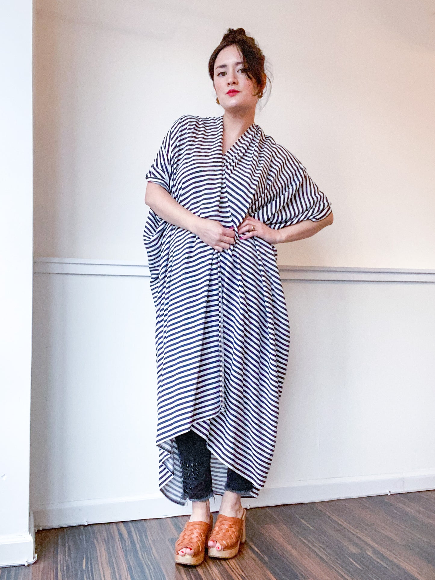 Print High Low Kimono Navy Stripes