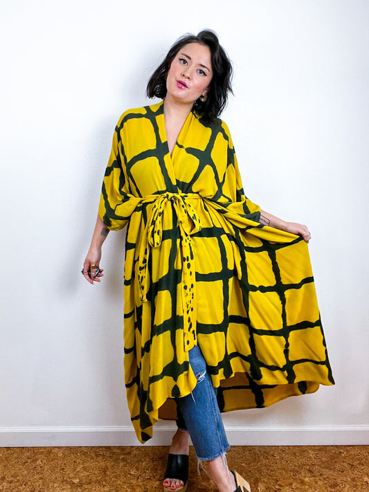 Hand-Dyed High Low Kimono Marigold Black Windowpane