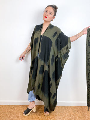 Hand-Dyed High Low Kimono Forest Black Rectangles