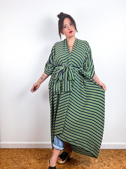 Print High Low Kimono Navy Green Stripe Double Crepe