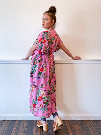 Print High Low Kimono Baby Coral Tropical Floral Rayon Challis