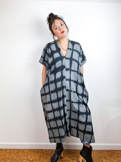 Hand-Dyed Midi Smock Dress Grey Black Windowpane
