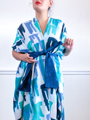 OOAK Hand-Dyed High Low Kimono Teal Parakeet Baby Blue Aqua Drips