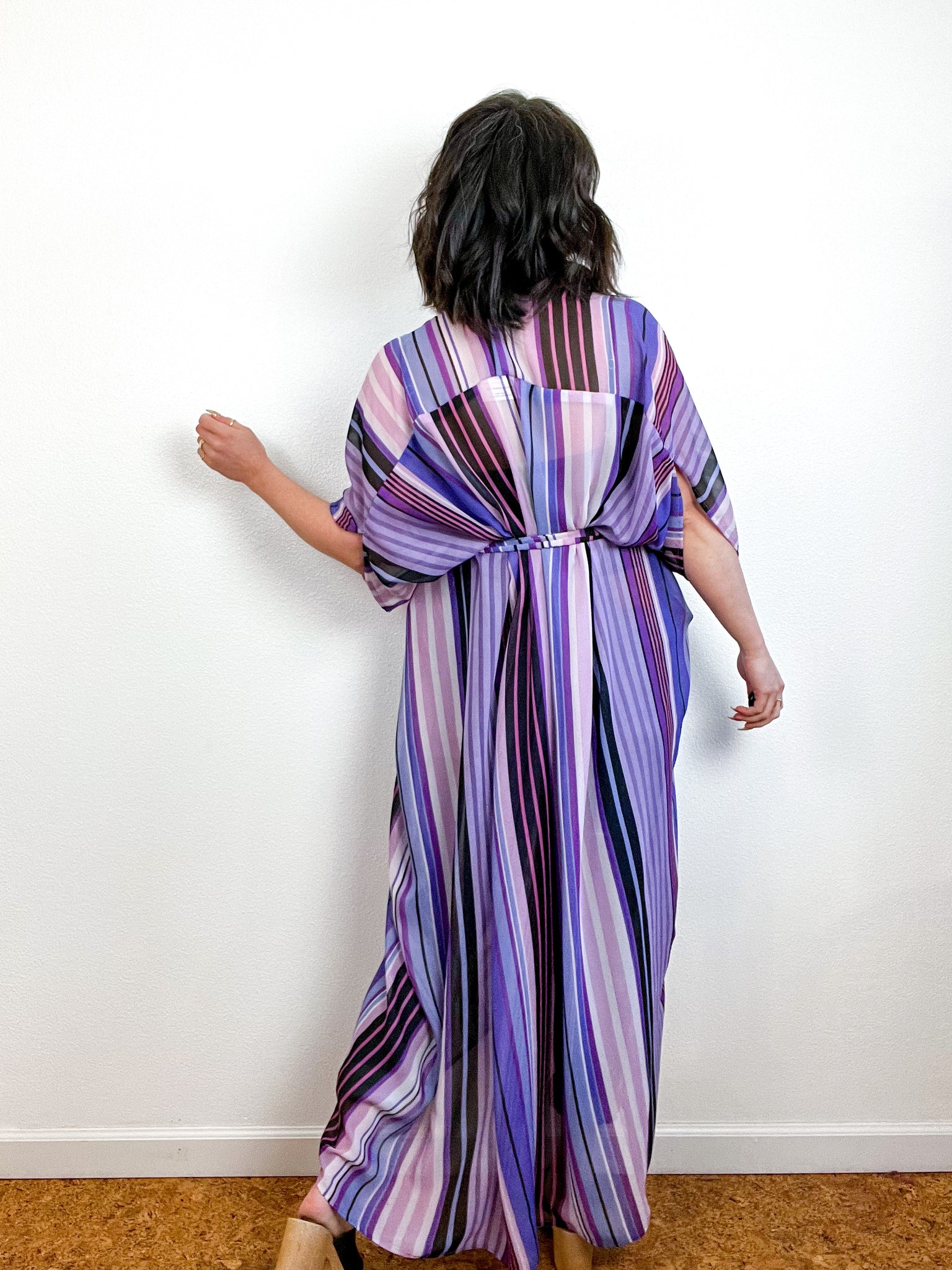 Print High Low Kimono Purple Stripes Chiffon