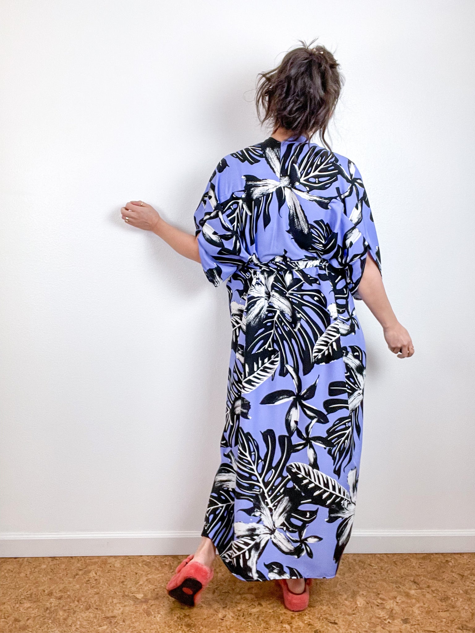 High Low Kimono Periwinkle Palms Rayon Challis