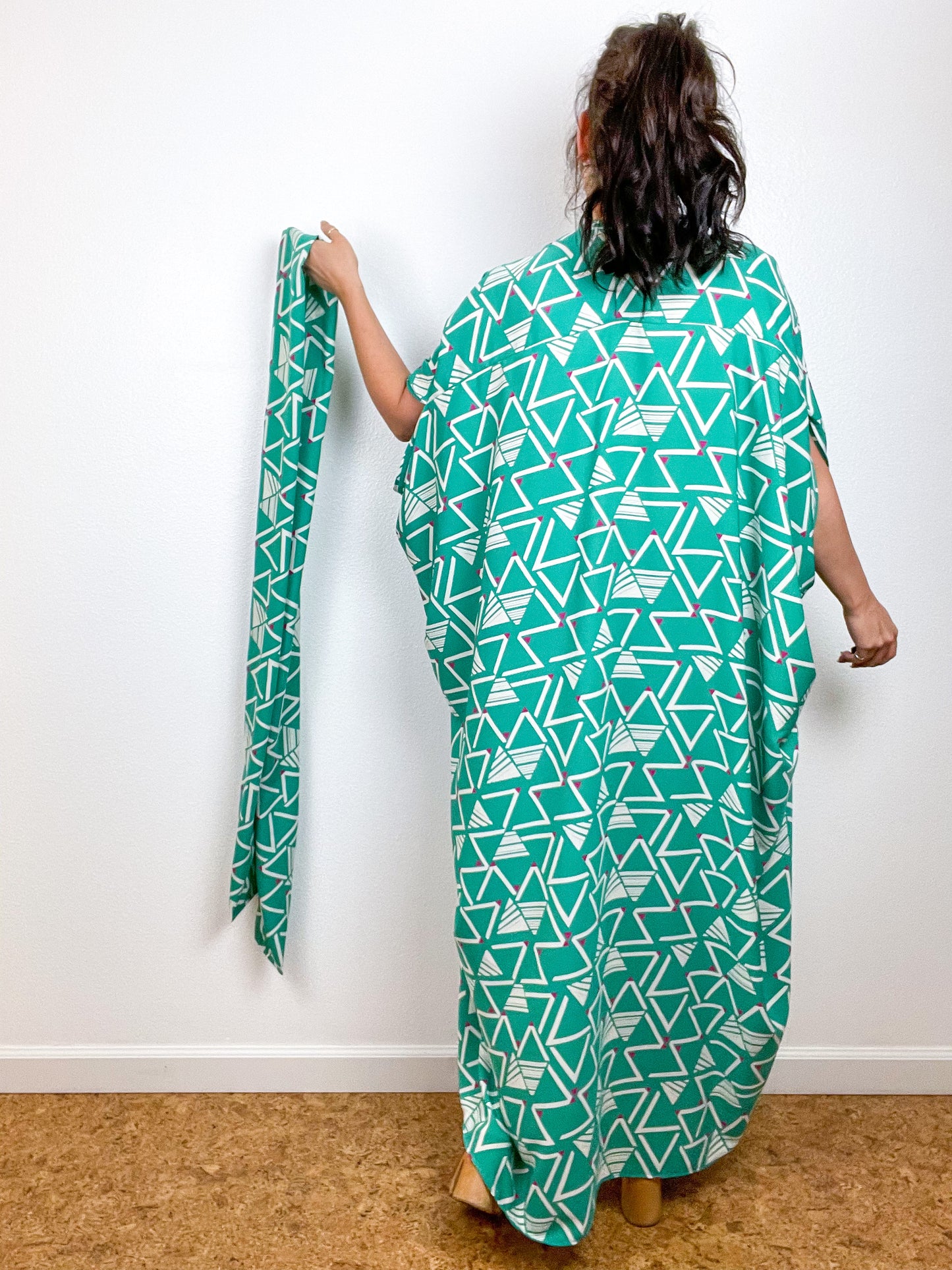 Print High Low Kimono Turquoise Triangles Slinky Crepe