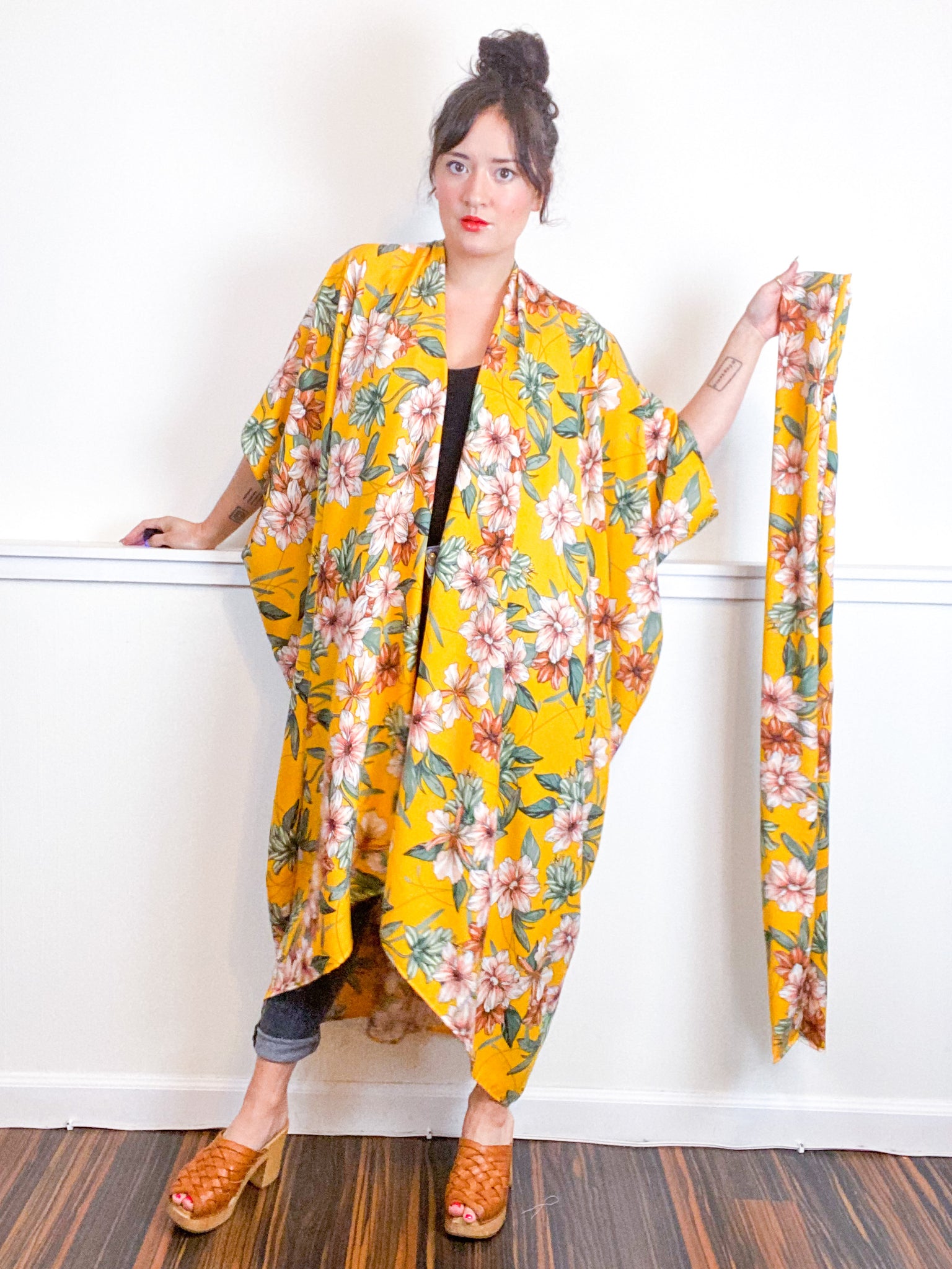 Print High Low Kimono Marigold Lily Floral Rayon Challis