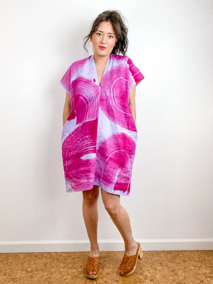Hand-Dyed Linen Smock Dress Lilac Fuchsia Brushstrokes
