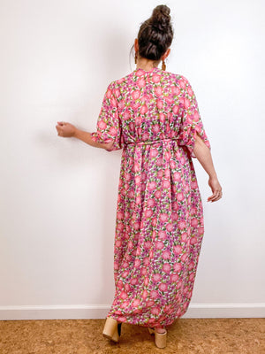 Print High Low Kimono Pink Pansy Floral Chiffon