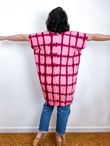 Hand-Dyed Mini Smock Dress Pink Maroon Windowpane