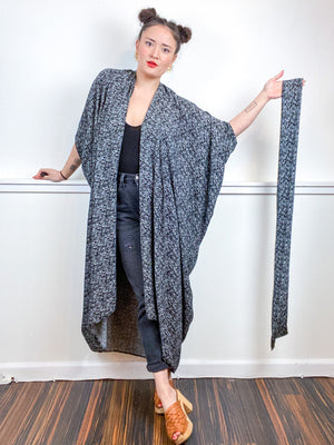 Print High Low Kimono White Black Lines Challis