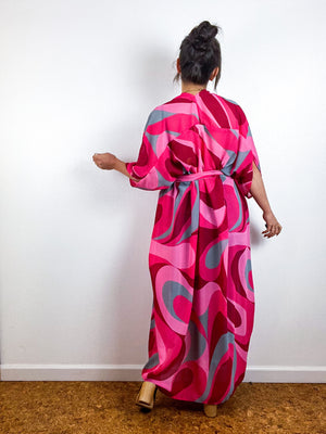 Print High Low Kimono Pink Seventies Swirl Chiffon