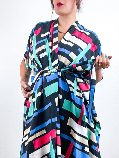 Print High Low Kimono Multicolor Rectangles Challis