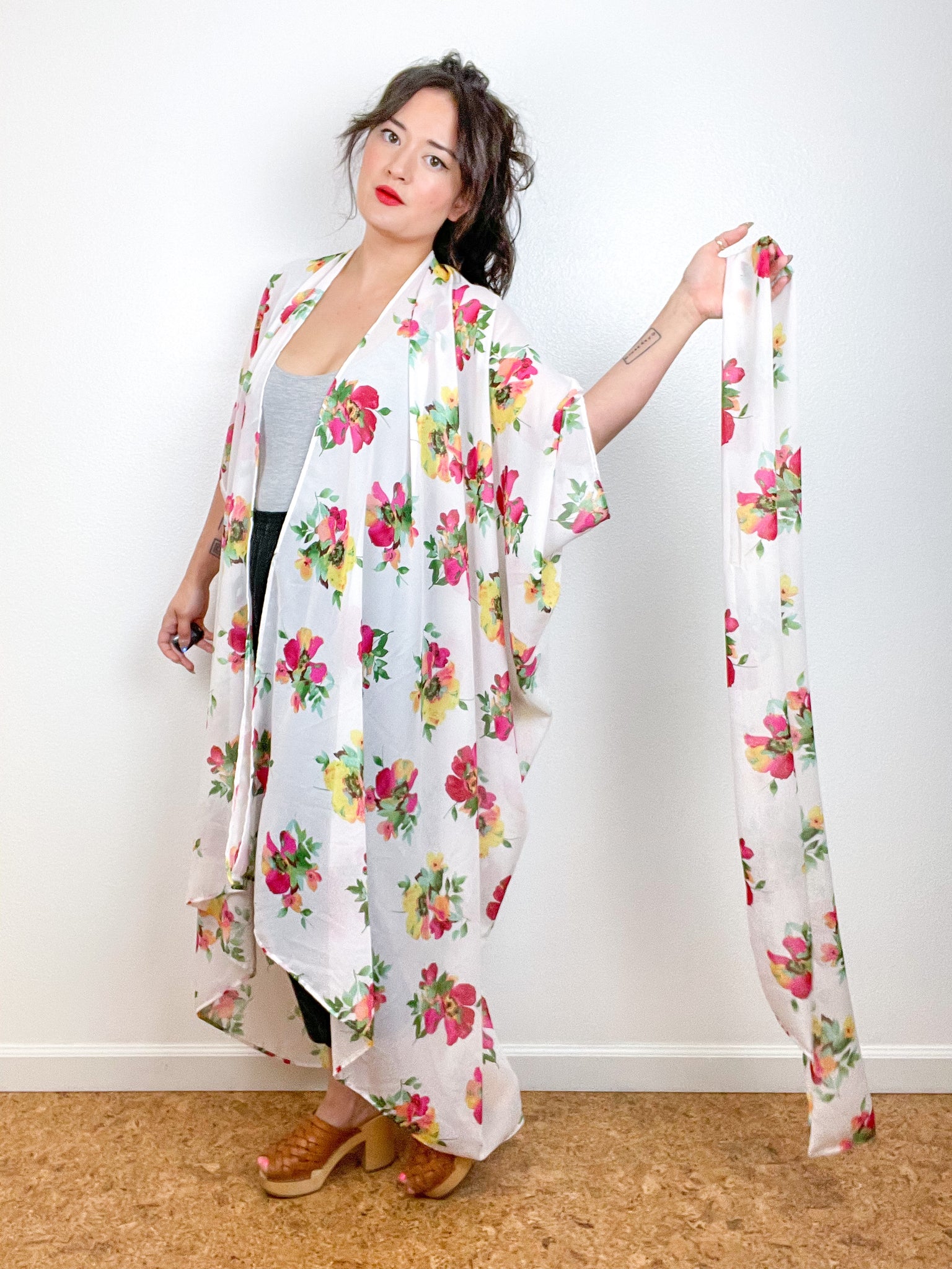 Print High Low Kimono White Floral Chiffon