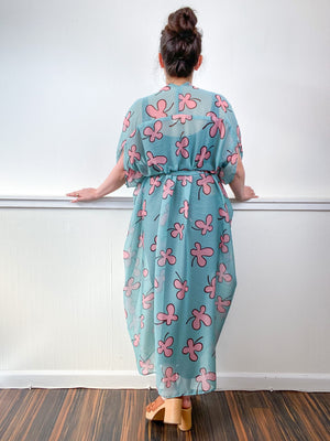 Print High Low Kimono Aqua Pink Clover Chiffon