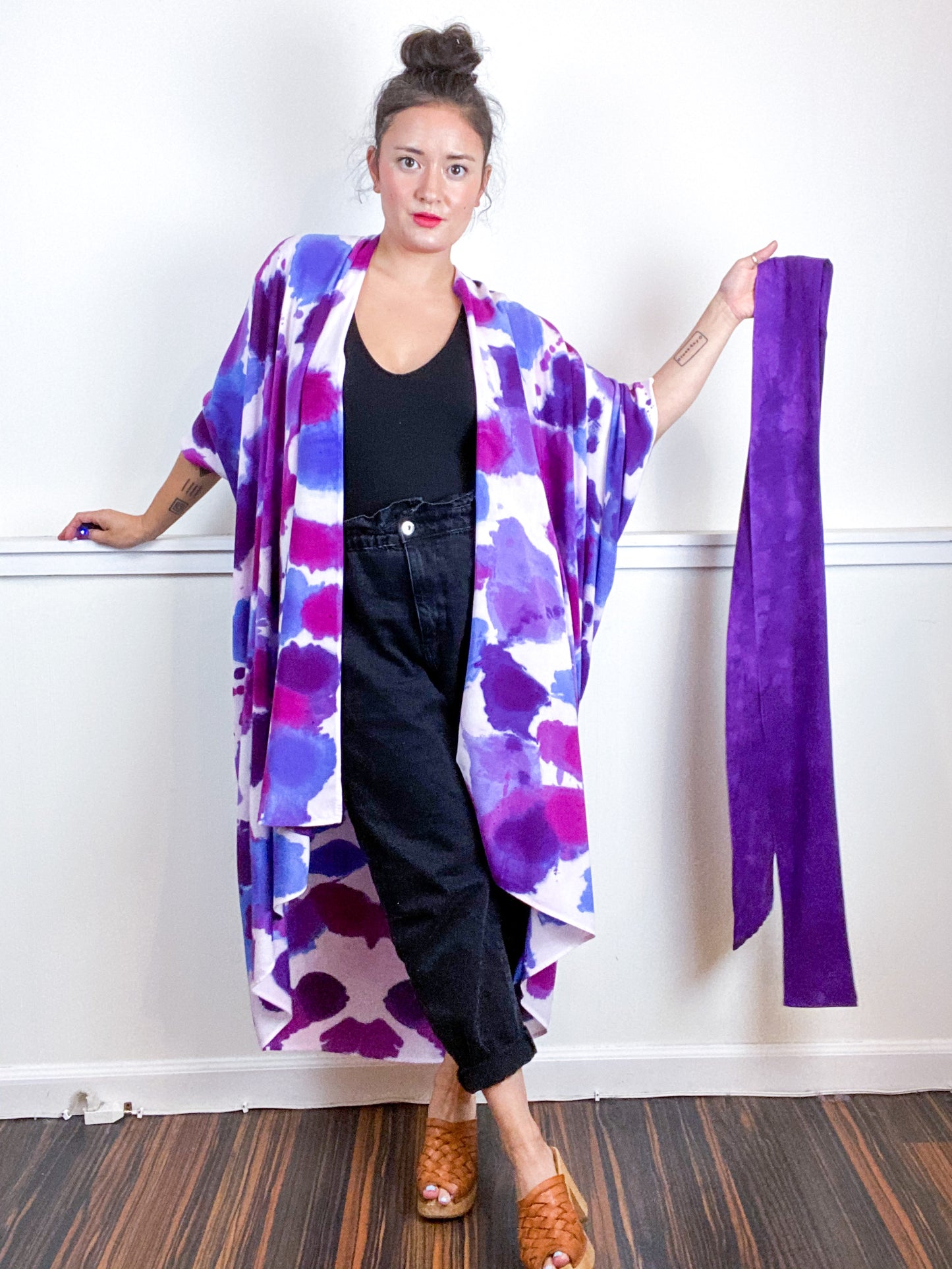 OOAK Hand-Dyed High Low Kimono Amethyst Orchid Plum Lavender Inkblot