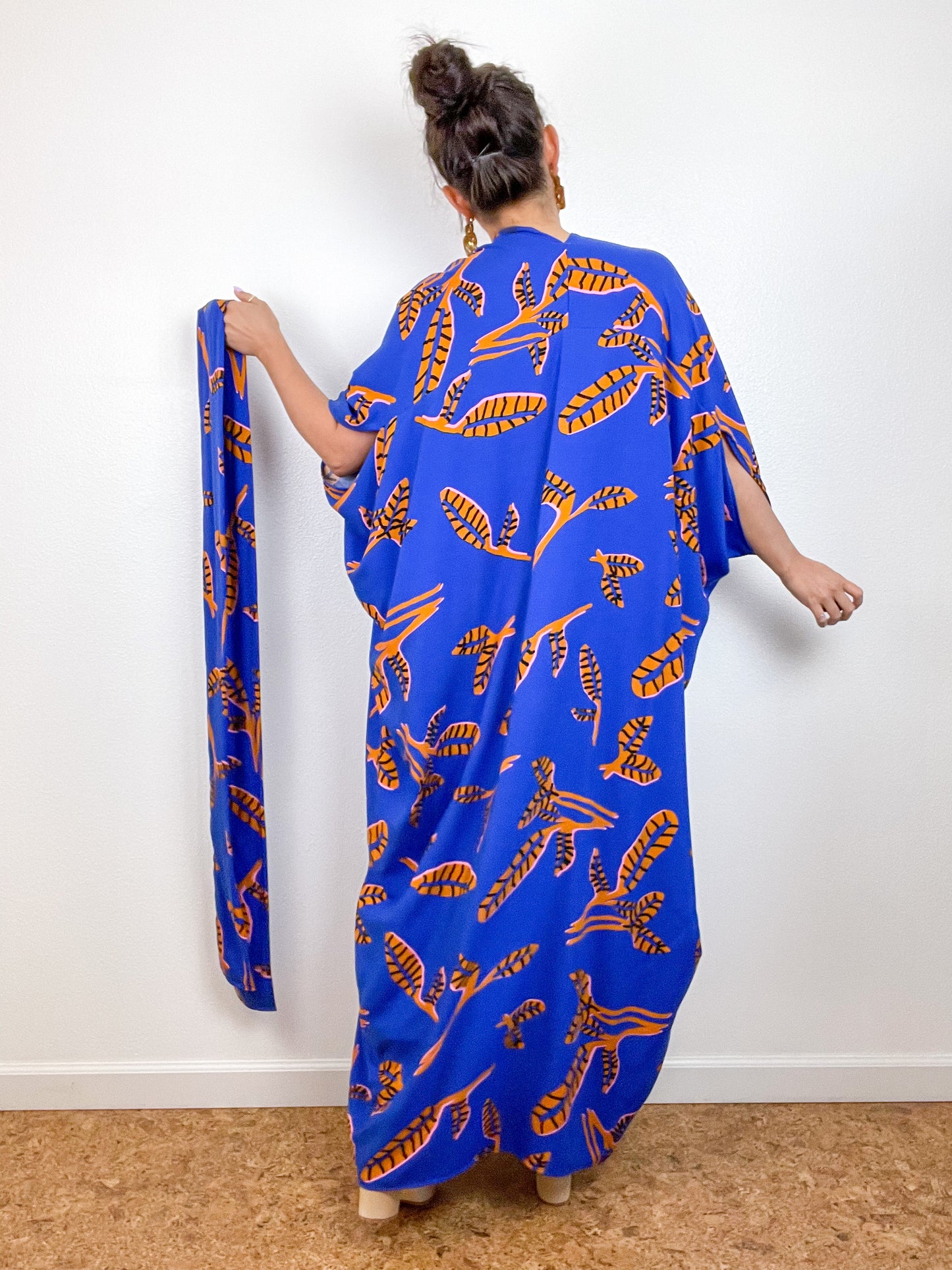 Print High Low Kimono Cobalt Amber Leaves Challis