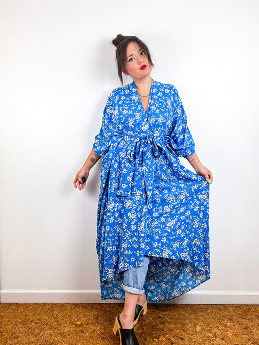Print High Low Kimono Turquoise Ditsy Floral Challis