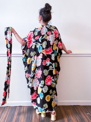 Print High Low Kimono Black Tropical Rayon Challis