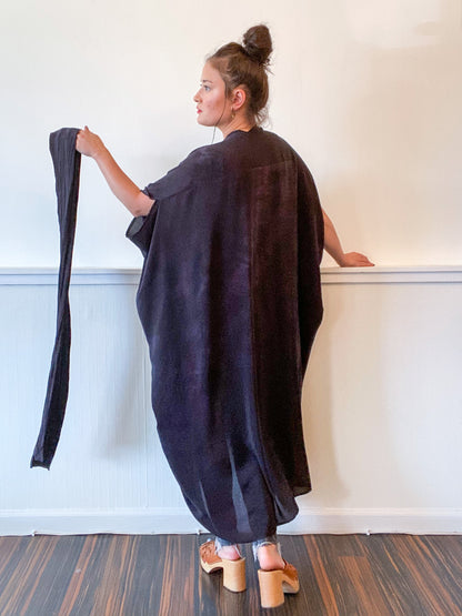 Hand-Dyed High Low Kimono Black Over Dye Silk