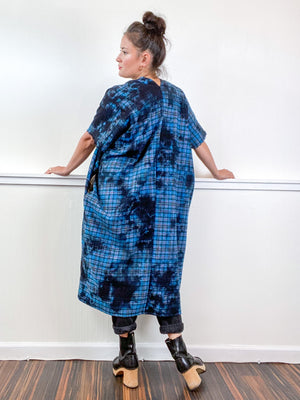 Over-Dye Plaid Smock Dress Turquoise Black Midi