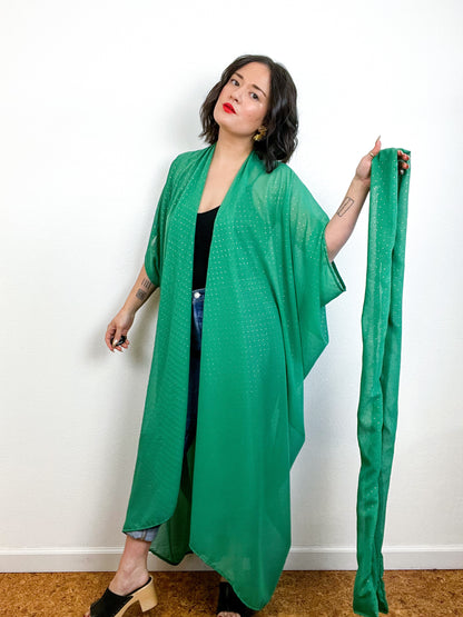 Print High Low Kimono Green Gold Pindot Chiffon